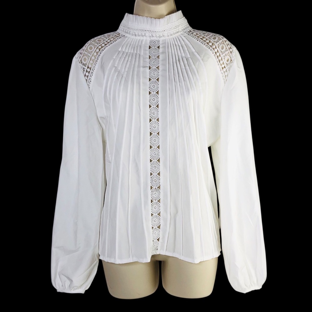 Women White Ruffle Mock Neck Open Lace Balloon Sleeve Blouse Top 2XL Renaissance